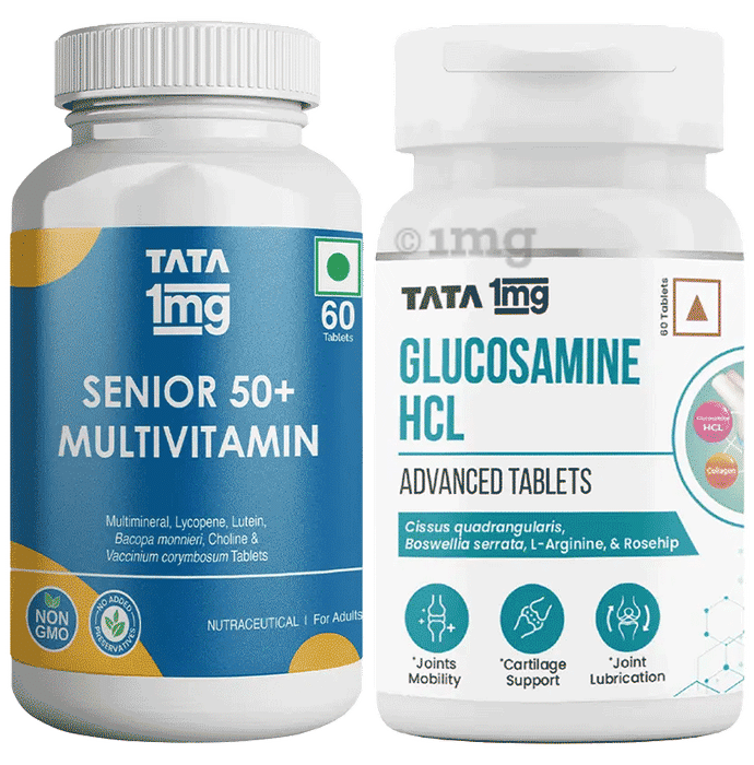 Combo Pack of Tata 1mg Senior 50+ Multivitamin & Multimineral Veg Tablet (60) & Tata 1mg Glucosamine HCL 1500 mg Tablet (60)