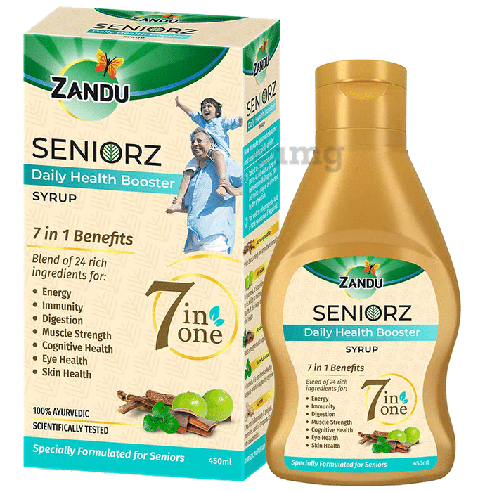 Zandu Seniorz Daily Health Booster Syrup| 100% Ayurvedic & Natural Health Drink | Helps Improve Immunity, Muscle Strength, Energy, Digestion, Eye Health, Cognitive Health, Skin Health
