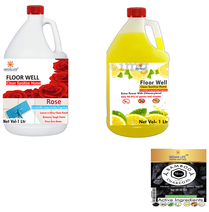 Indian Life Combo Pack of Floor Well Disinfectants Rose & Lemon (1ltr Each) with Charcoal Soap (50gm) Free