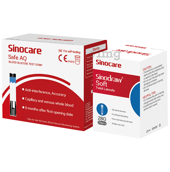 Sinocare Combo Pack of Safe AQ Blood Glucose Test Strip & Sinodraw Soft Twist Lancet (50 Each)
