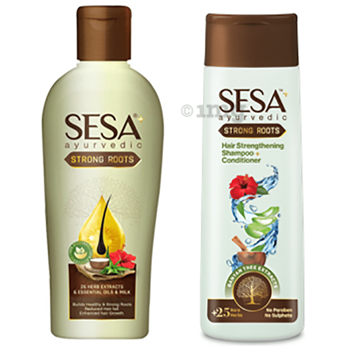 Sesa Combo Pack of Ayurvedic Strong Roots Hair Oil 110ml & Strong Roots Hair  Strengthening Shampoo+Conditioner 200ml: Buy combo pack of 2 bottles at  best price in India | 1mg