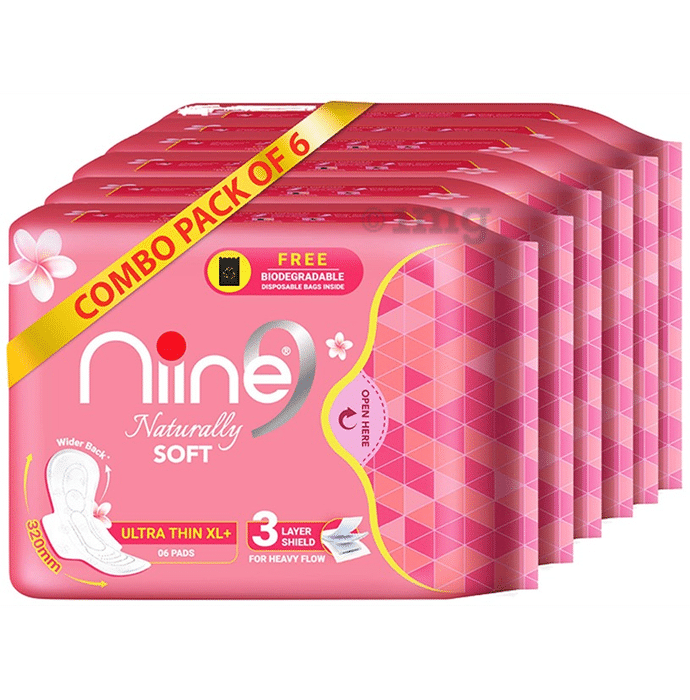 Niine Naturally Soft Pads (6 Each) with Biodegradable Disposal Bag Inside Free Ultra Thin XL+