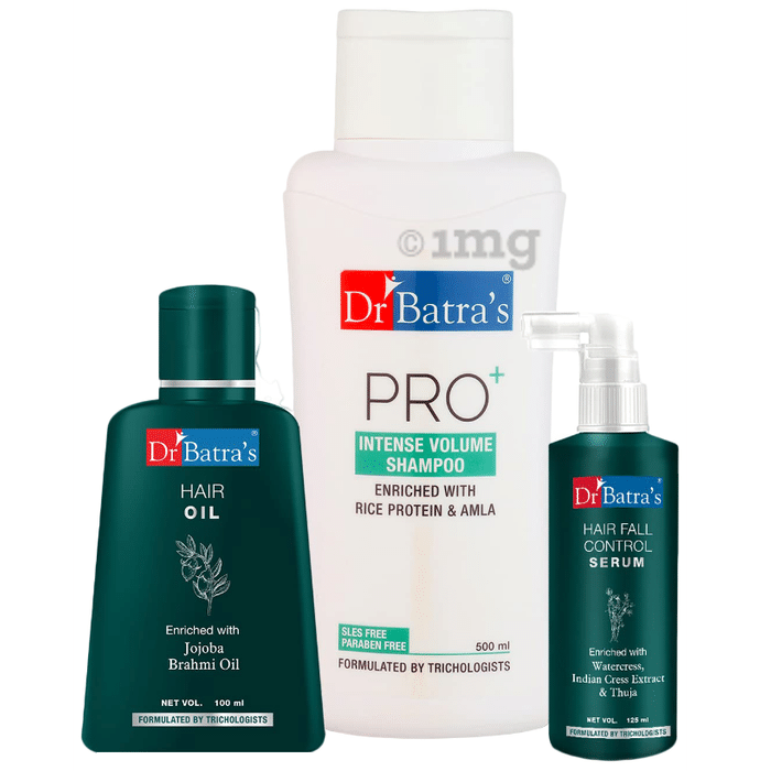 Dr Batra's Combo Pack of Hair Fall Control Serum 125ml, Hair Oil 100ml and Pro+ Intense Volume Shampoo 500ml
