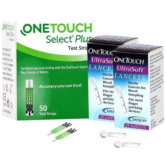 Combo Pack of OneTouch Select Plus Test Strip (50) & 2 Boxes of OneTouch Ultrasoft Lancets (25 Each)