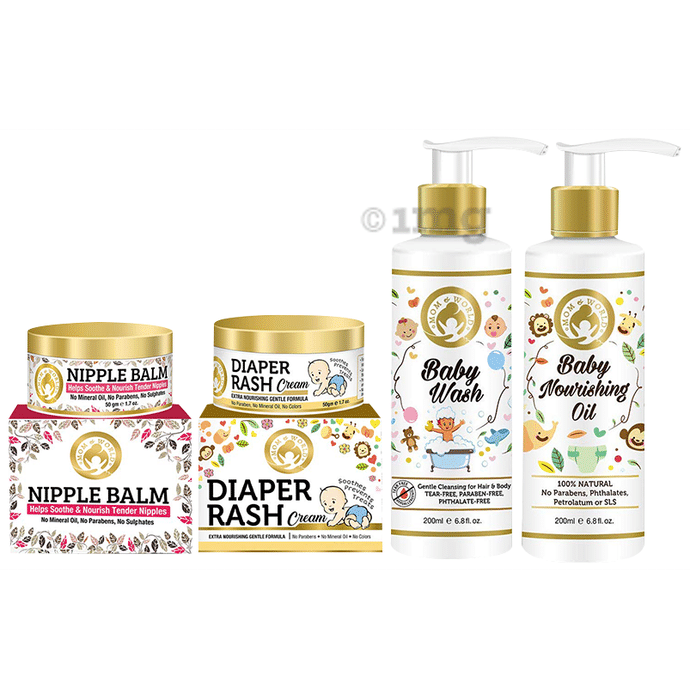Mom & World Combo Pack of Nipple Balm (50gm), Diaper Rash Cream (50gm), Baby Wash (200ml) & Baby Nourishing Oil (200ml)