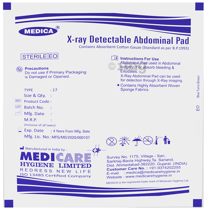 Medica X-Ray Detectable Abdominal Pad Sterile E/O 25cm X 40cm X 8 Ply