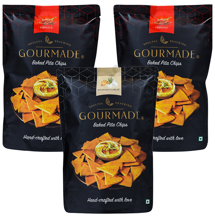 ‎Gourmade Soulful Snacking Combo Pack of Pita Chips Chipotle-2 & Roasted Garlic-1 (125gm Each)