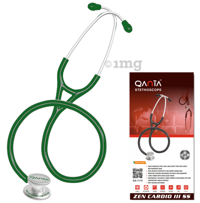 Qanta QA-1170 Zen Cardio III SS Cardiology Stethoscope, SS & Dual Head Chest Piece Green
