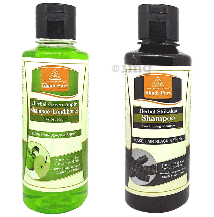 Khadi Pure Combo Pack of Herbal Green Apple Shampoo + Conditioner & Herbal Shikakai Shampoo (210ml Each)