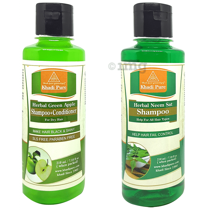 Khadi Pure Combo Pack of Herbal Neem Sat Shampoo & Herbal Green Apple Shampoo + Conditioner SLS Free & Paraben Free (210ml Each)