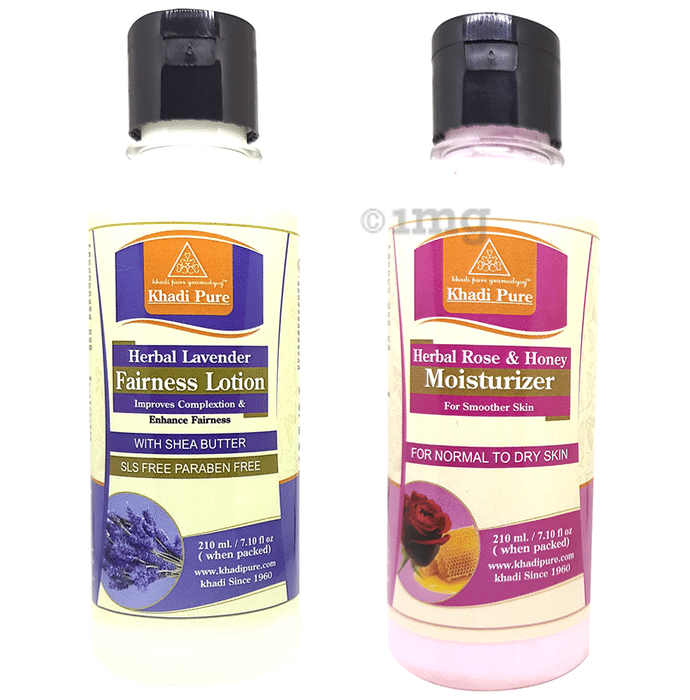 Khadi Pure Combo Pack of Herbal Rose & Honey Moisturizer & Herbal Lavender Fairness Lotion SLS Free & Paraben Free (210ml Each)