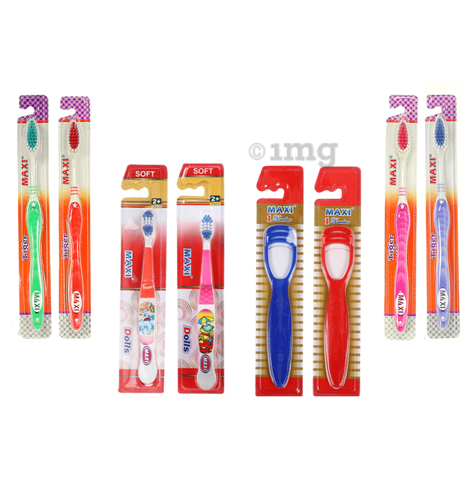 Maxi Oral Care Family Pack of 4 Adults Tiger Toothbrush, 2 Kids Dolls Junior Toothbrush & 2 Tongue Cleaner 1 Number