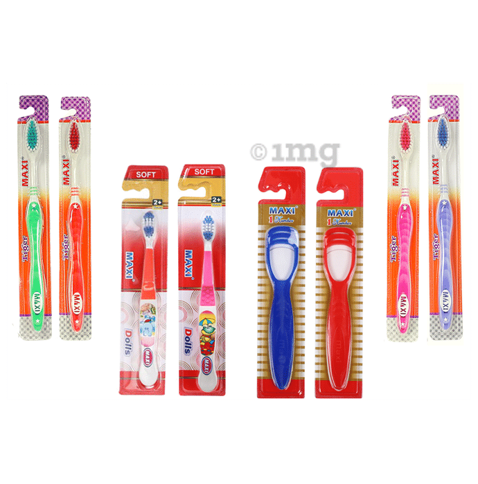 Maxi Oral Care Family Pack of 4 Adults Tiger Toothbrush, 2 Kids Dolls Junior Toothbrush & 2 Tongue Cleaner 1 Number