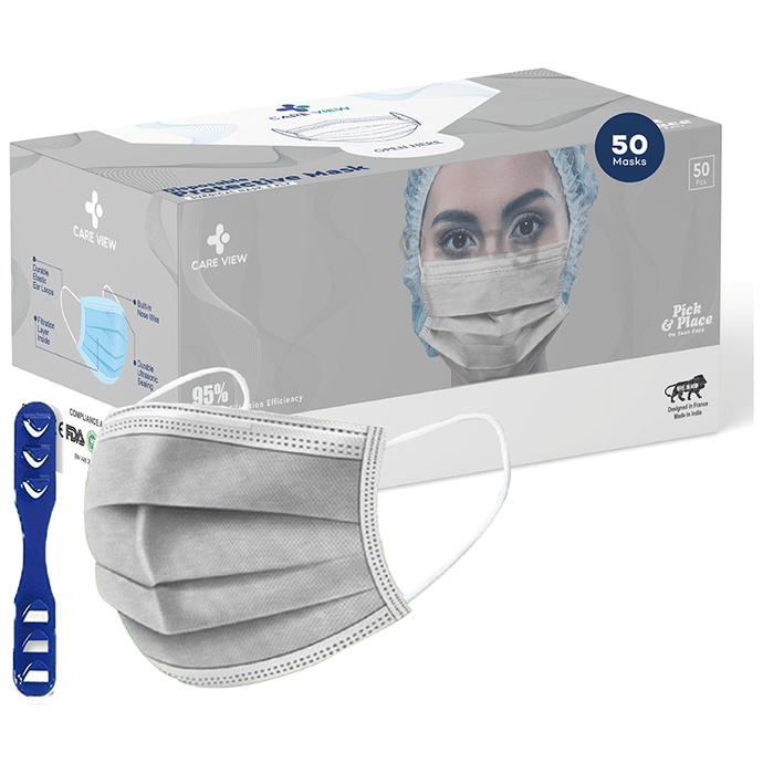 Care View CV2992 Sitra Approved 3 Ply Colored Disposable Surgical Mask with Built in Metal Nose Pin and 1 Melt Blown Layer (50 Each) Grey