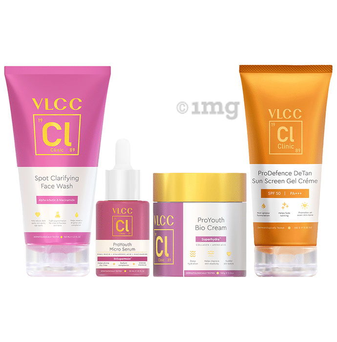 VLCC Clinic Spot Clarifying Face Wash (150 ml) ProYouth Micro Serum (30 ml) ProYouth Bio Cream (100 gm) & Pro Defence De Tan Sun Screen Gel Creme SPF 50 (100 g)