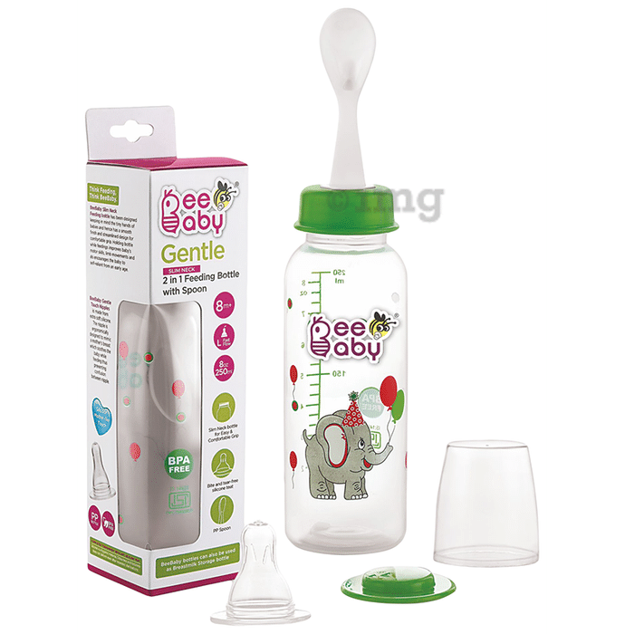 BeeBaby Gentle 2 in 1 Slim Neck Baby Feeding Bottle with Anti-Colic Silicone Nipple & Feeder Spoon, 8 Months+ Green