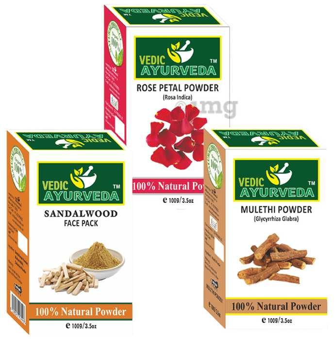 Vedic Ayurveda Combo Pack of Sandalwood Face Pack Powder, Rose Petal Powder & Mulethi Powder (100gm Each)