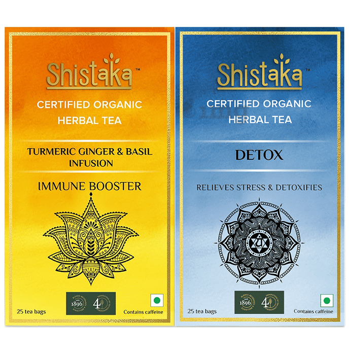 Shistaka Combo Pack of Certified Organic Herbal Tea (1.8gm Each) Turmeric Ginger & Basil Infusion & Detox