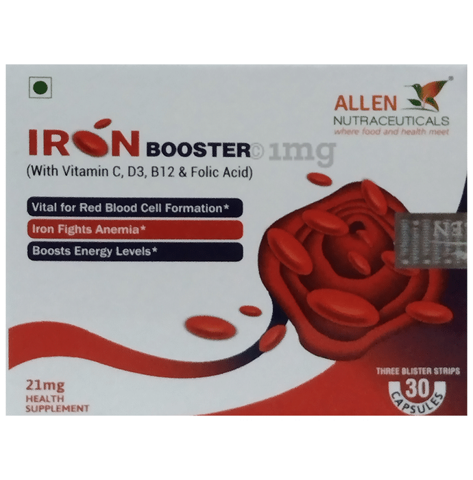 Allen Nutraceutical Iron Booster with Vitamin C, D3, B12 & Folic Acid | For Energy, Anaemia & RBC Formation | Capsule
