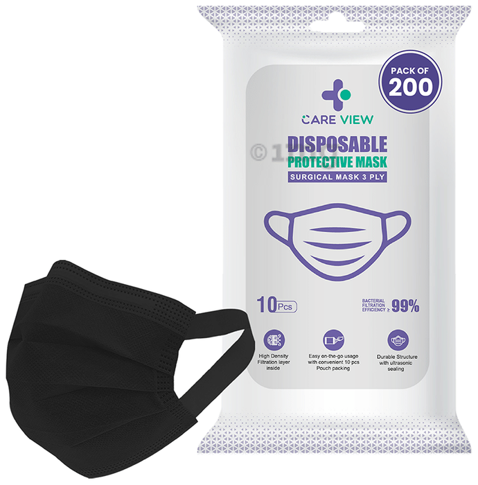 Care View 3 Ply Surgical Disposable Protective Mask with Soft Fabric Earloop (10 Each) Black