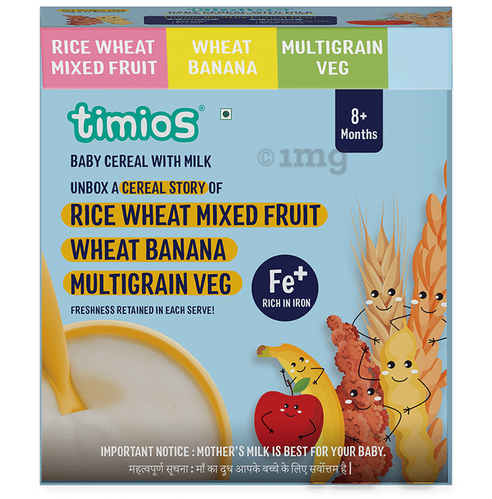 Timios Baby Cereal with Milk 8+ Months (25gm Each) 4 Rice Wheat Mixed Fruit, 4 Wheat Banana, 4 Multigrain Veg