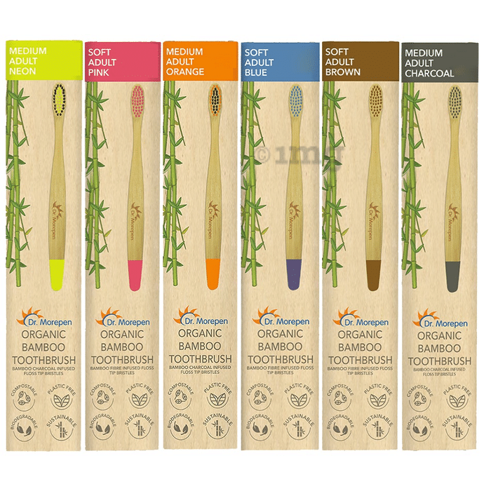 Dr. Morepen Organic Bamboo Toothbrush Adult 3 Medium & 3 Soft Neon, Pink, Orange, Blue, Brown & Charcoal