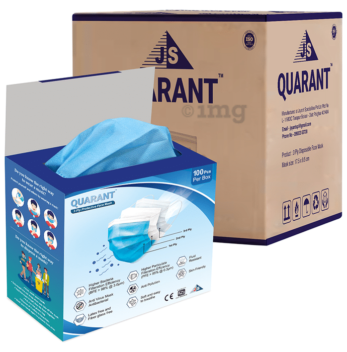 Quarant 3 Ply Protective Face Mask (100 Each) Blue