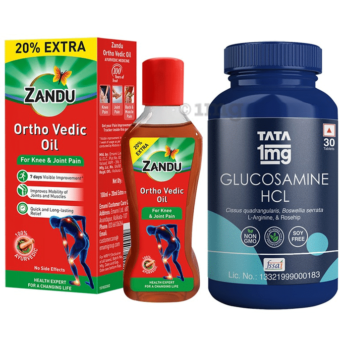 Combo Pack of Tata 1mg Glucosamine HCL 1500 mg 30 Tablet for Joint Health with Boswellia Serrata, Collagen Peptide, L-Arginine, and Curcuma Longa & Zandu Ortho Vedic Knee & Joint Pain Oil 120ml