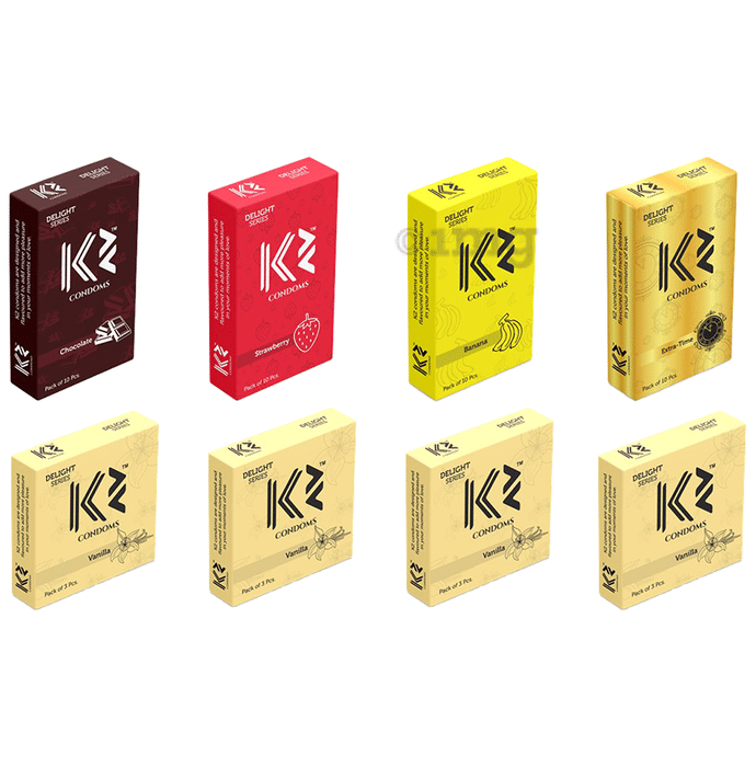 K2 Delight Series Condom with Dotted Rings Chocolate,Strawberry,Banana,Extra Time(10Pc Each) Vanilla(12Pc)