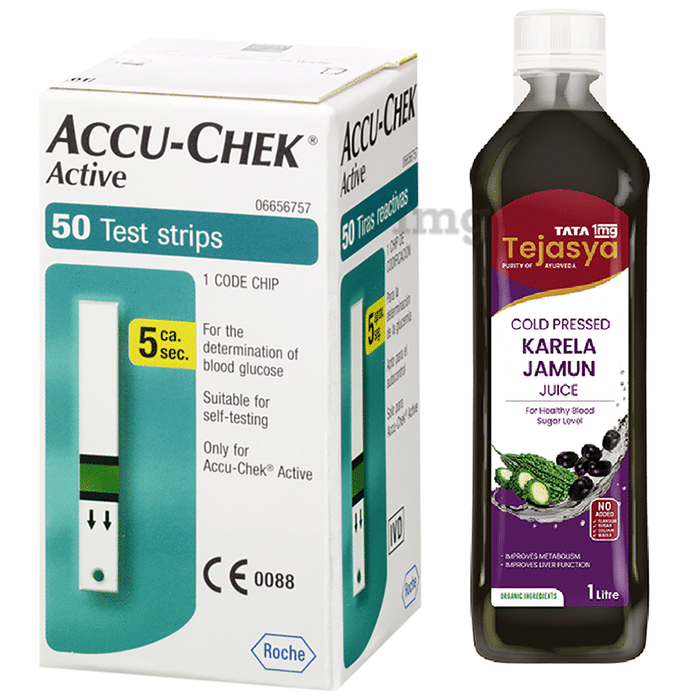 Combo Pack of Accu-Chek Active Test Strip (50) & Tata 1mg Tejasya Karela Jamun Juice (1Ltr)