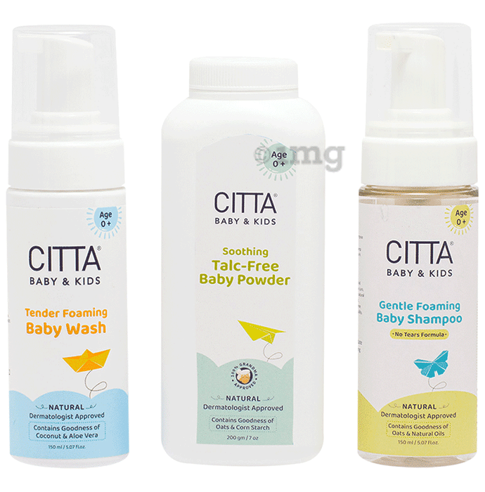 Citta Combo Pack of Tender Foaming Baby Wash 150ml, Gentle Foaming Baby Shampoo 150ml & Soothing Talc-Free Baby Powder 200gm