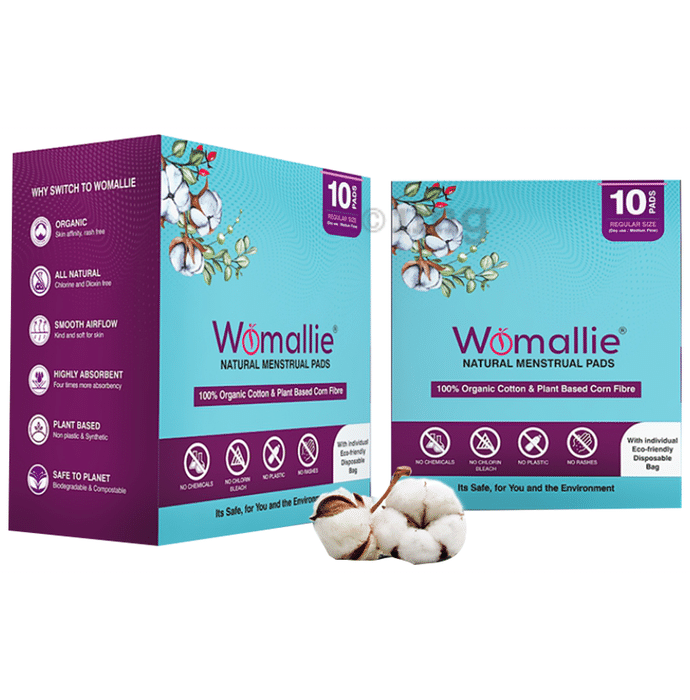 Womallie 100% Organic Cotton Natural Menstrual Sanitary Pads (10 Each) Regular
