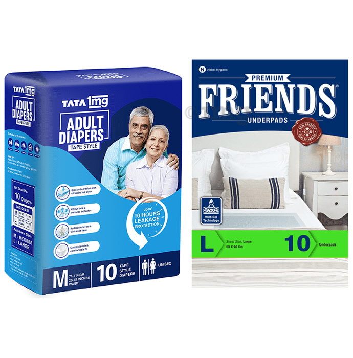 Combo Pack of Friends Premium Underpads Large & Tata 1mg Adult Diaper Tape Style Medium (10 Each)