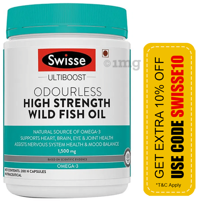 Swisse Ultiboost Odourless High Strength Wild Fish Oil Capsule with 1500mg Omega 3 | For Heart, Brain, Eye & Joint Health