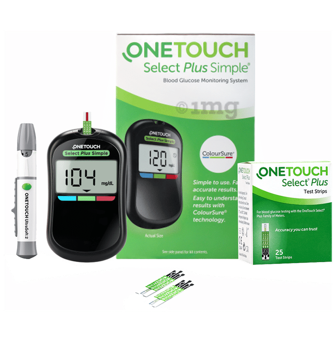 OneTouch Combo Pack of Select Plus Simple Glucometer with 10 Free Strips Black & Select Plus Test Strip (Only Strips) Test Strip Green