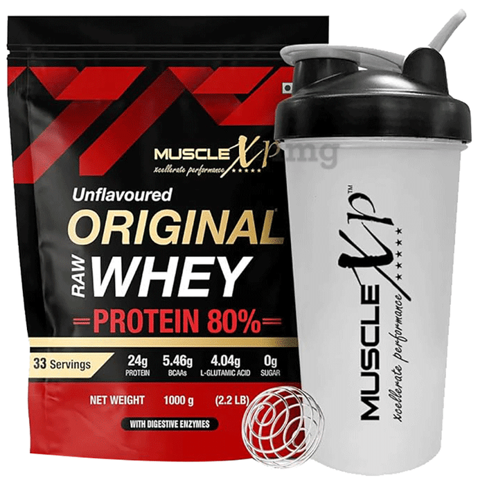 MuscleXP Raw Whey Protein 80% with Digestive Enzymes | Zero Sugar | Flavour Unflavored with Shaker