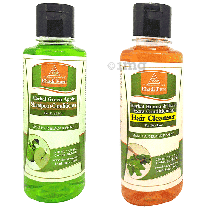 Khadi Pure Combo Pack of Green Apple Shampoo + Conditioner & Herbal Heena & Tulsi Extra Conditioning Hair Cleanser (210ml Each)