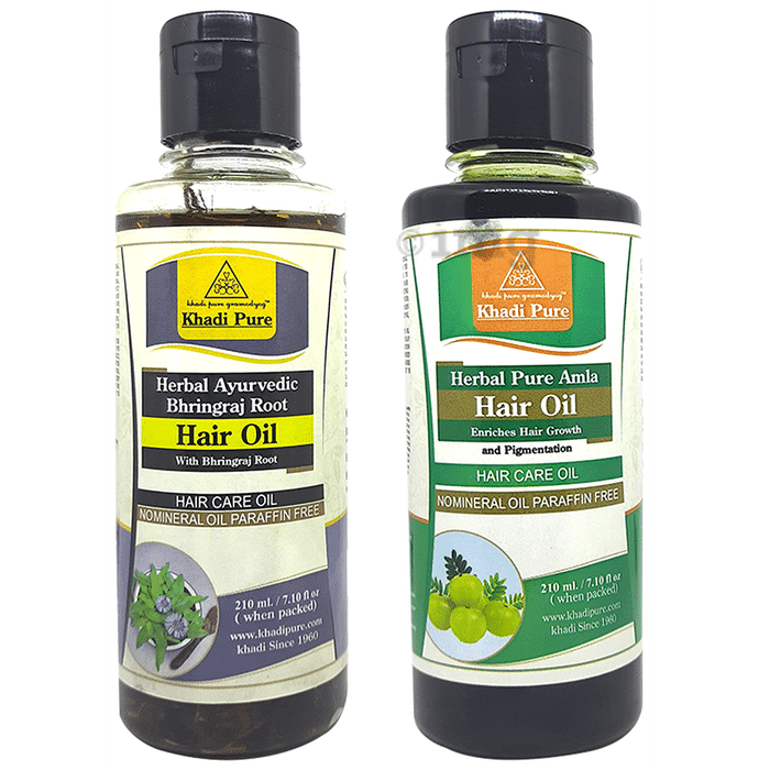 Khadi Pure Combo Pack of Herbal Ayurvedic Bhringraj Root Hair Oil & Herbal Pure Amla Hair Oil (210ml Each)