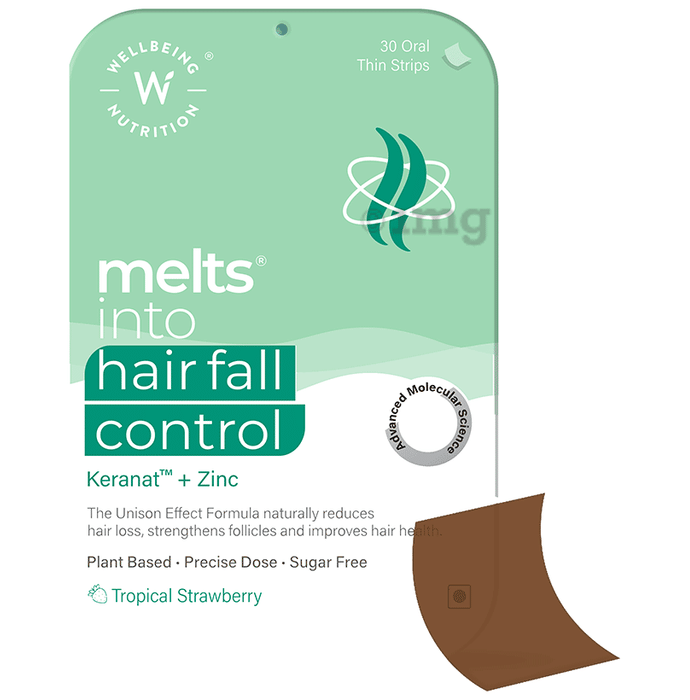 Wellbeing Nutrition Melts Into Hair Fall Control with Keranat & Zinc | Oral Thin Strip Tropical Strawberry