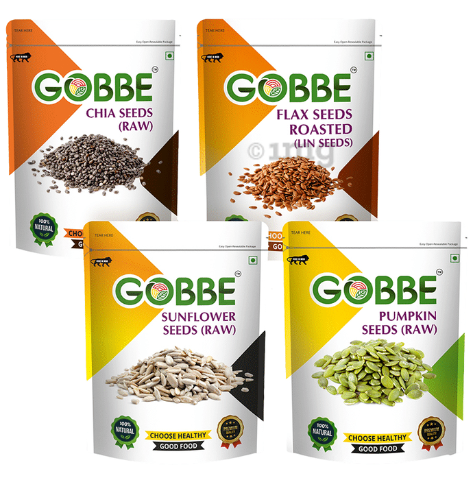 Gobbe Combo Pack of Chia Seeds (Raw), Flax Seeds Roasted (Lin Seeds), Sunflower Seeds (Raw), Pumpkin Seeds Raw (200gm Each)