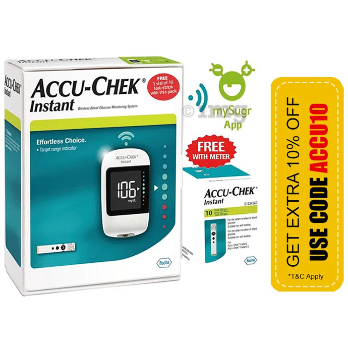 Accu-Chek Instant Glucometer Combo Pack with Free 10 Test Strips, mySugr App