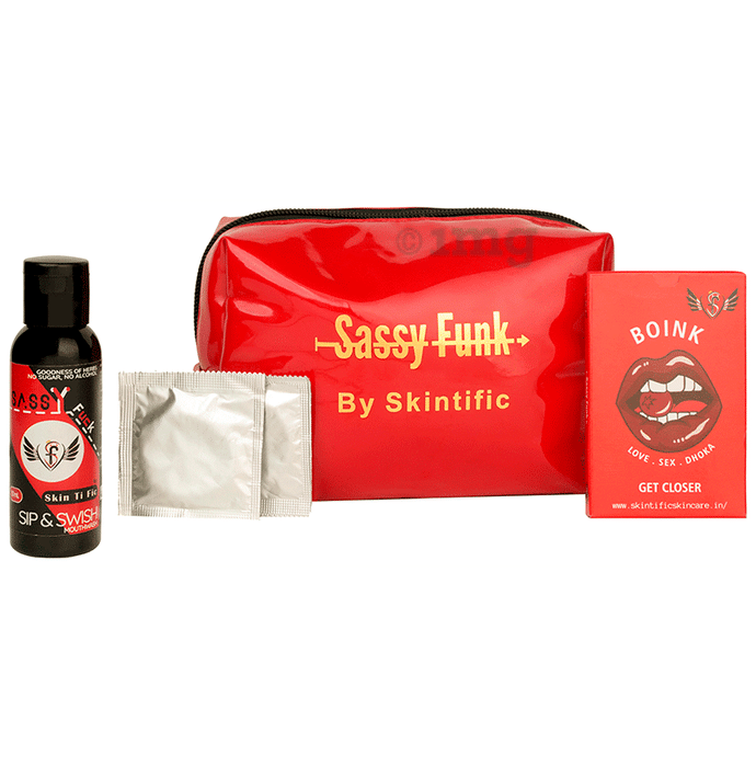 Skintific Sassy Funk Pouch, Couple Playing Card, Mouthwash, Condoms Kit