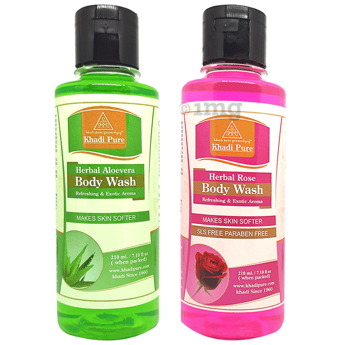 Khadi Pure Combo Pack of Herbal Aloevera Body Wash & Herbal Rose Body Wash (SLS & Paraben Free) (210ml Each)