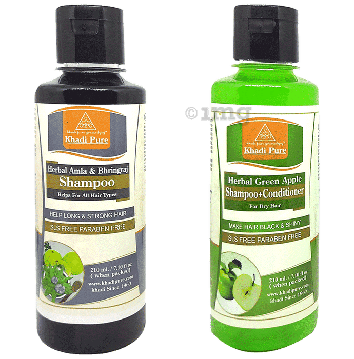 Khadi Pure Combo Pack of Herbal Amla & Bhringraj Shampoo & Herbal Green Apple Shampoo+Conditioner SLS Free & Paraben Free (210ml Each)