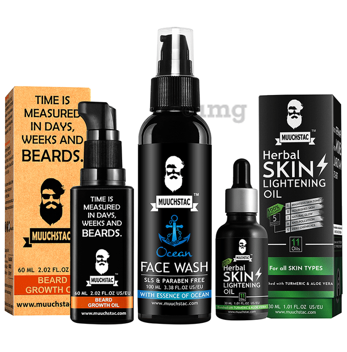 Muuchstac Combo Pack of Beard Growth Oil 60ml, Ocean Face Wash 100ml & 100% Organic Skin Lightening Oil 30ml