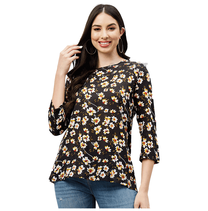 Haxor Women's Printed Floral  Open Back 3/4 Length Sleeve Adaptive Top Navy Small