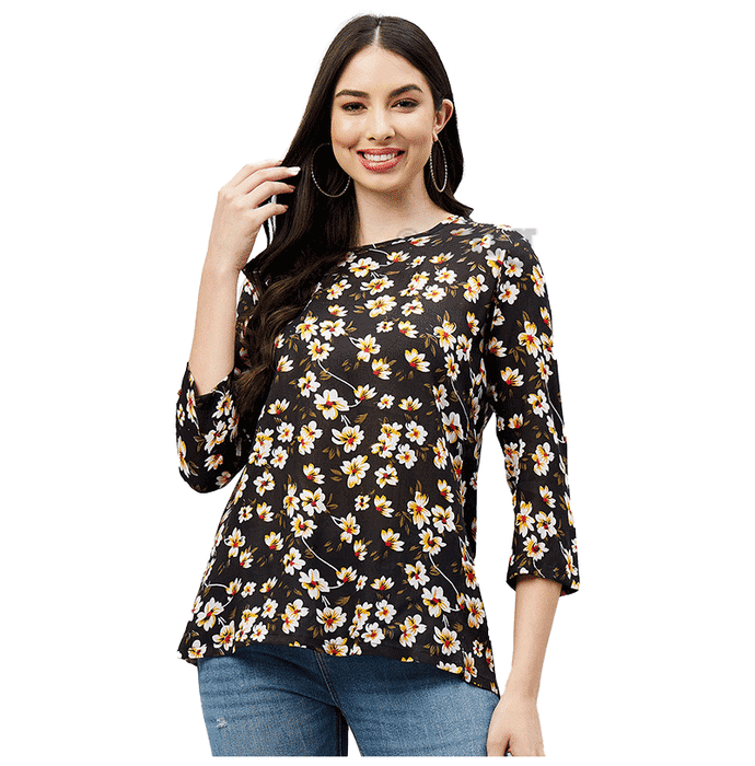 Haxor Women's Printed Floral  Open Back 3/4 Length Sleeve Adaptive Top Navy Small