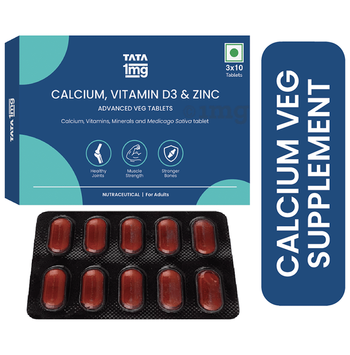 Tata 1mg Calcium & Vitamin D Tablet for Bone, Joint and Muscle Health with Zinc and Magnesium (30 Tablet)