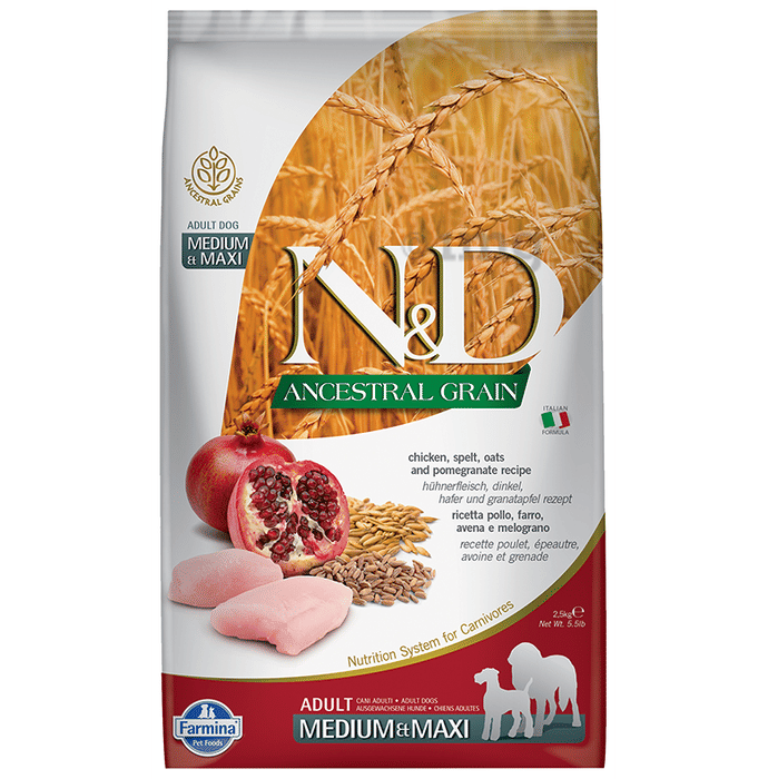 Farmina Pet Foods Ancestral Grain Chiknen, Spelt, Oats and Pomegranate Dog Food (Adult Medium & Maxi)