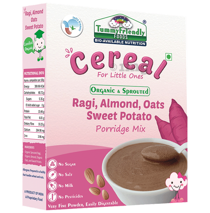 TummyFriendly Foods Certified 100% Organic Sprouted Ragi, Oats, Red Lentil, Banana Porridge Mix Cereal Ragi, Almond, Oats, Sweet Potato